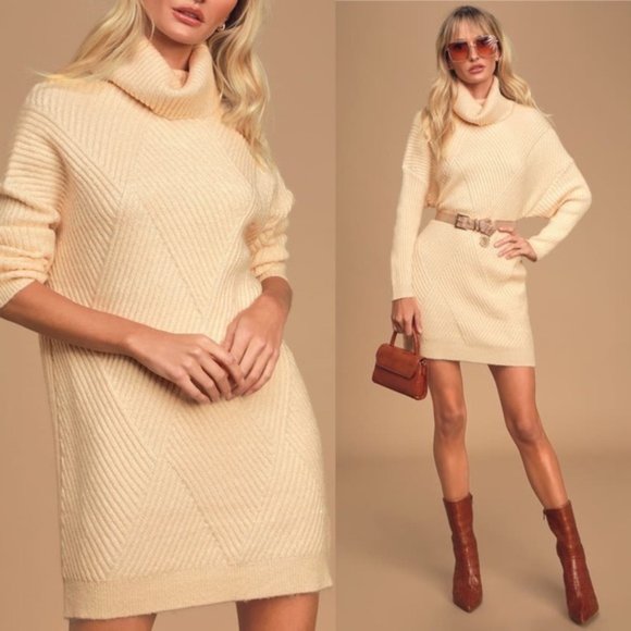 Charming Cream Ribbed Turtleneck Sweater Dress - Picture 8 of 8